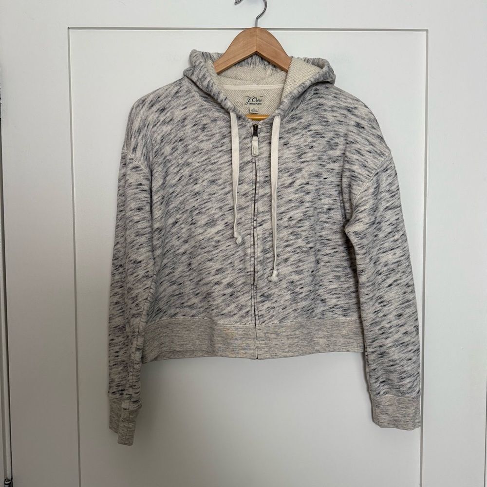 J Crew Vintage Fleece Crop Hoodie Women Sz S Heather Gray Cream Full Zip Outdoor